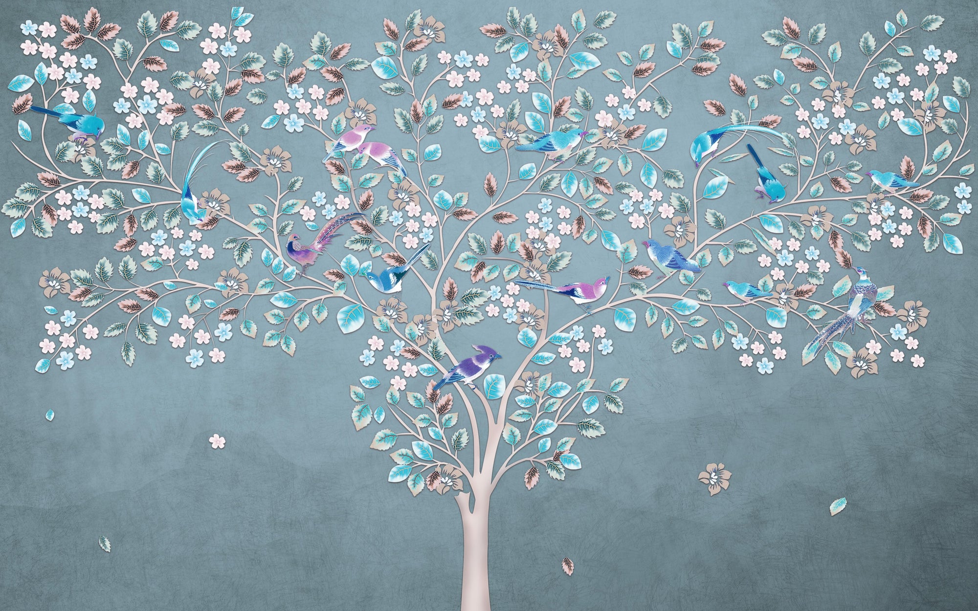 Blue and Green Leaves Birds Dark Spotty Wallpaper
