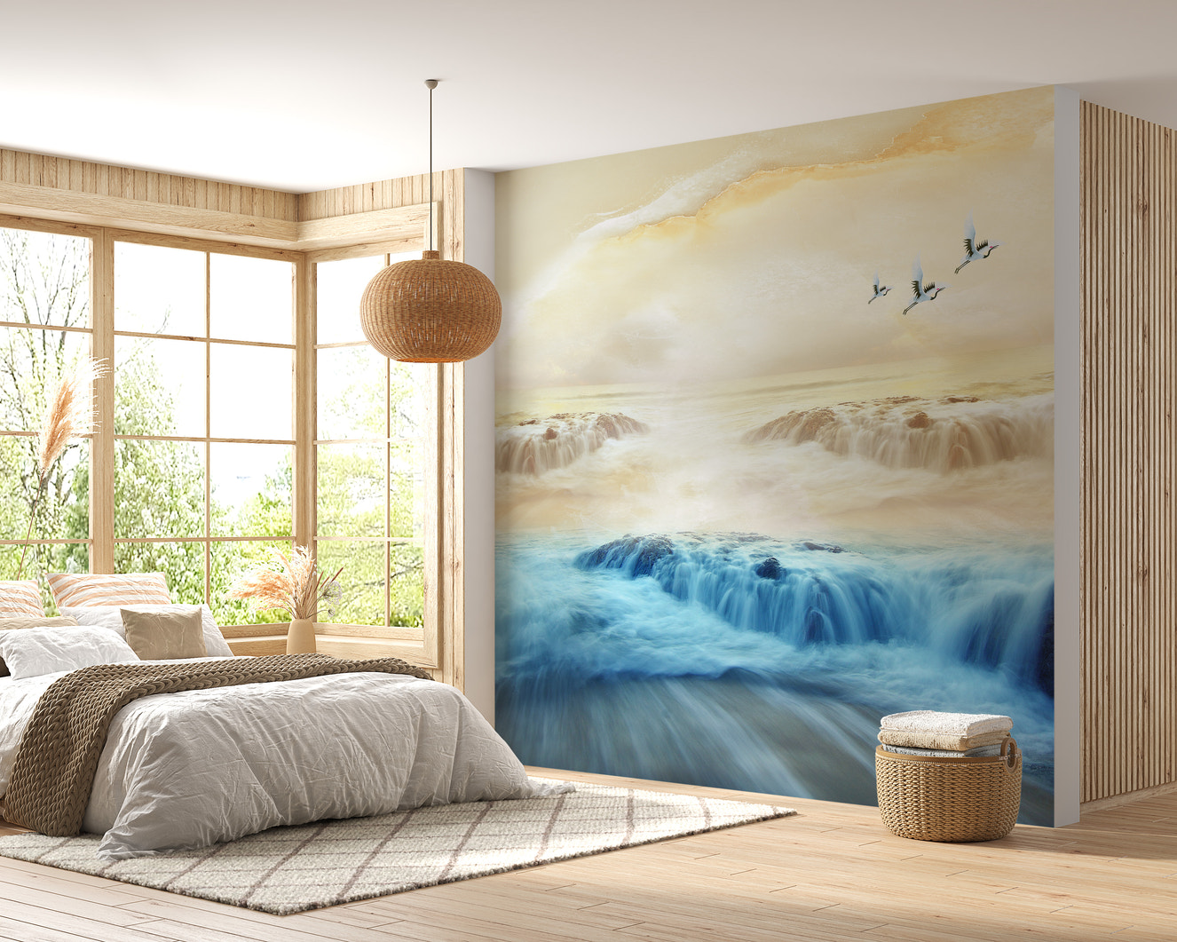 Misty Mountains Sun Flock Cranes Sky Mural

