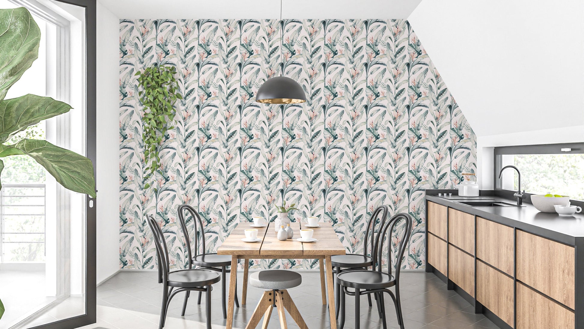 White palm leaves tropical wall design