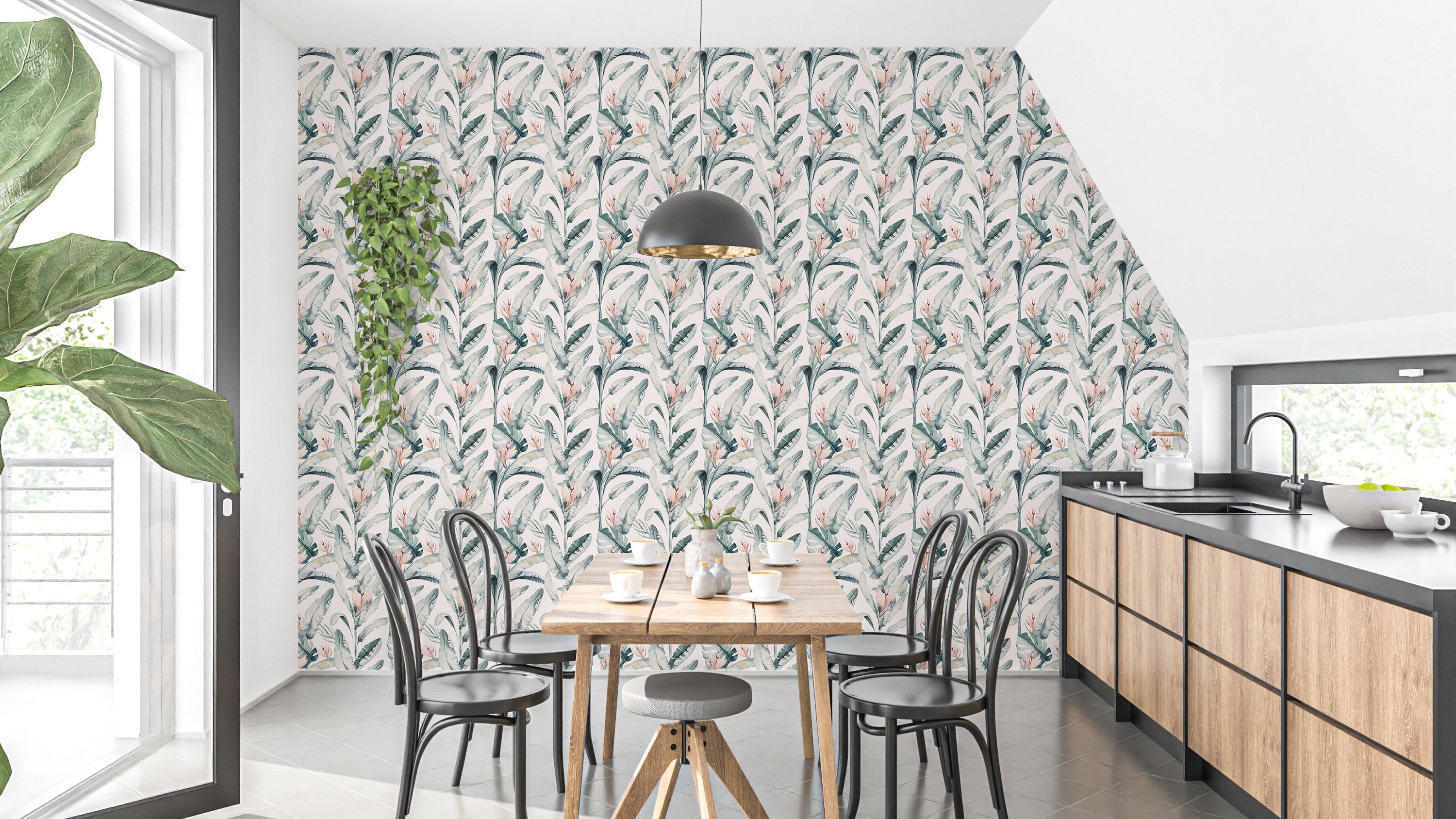 White palm leaves tropical wall design