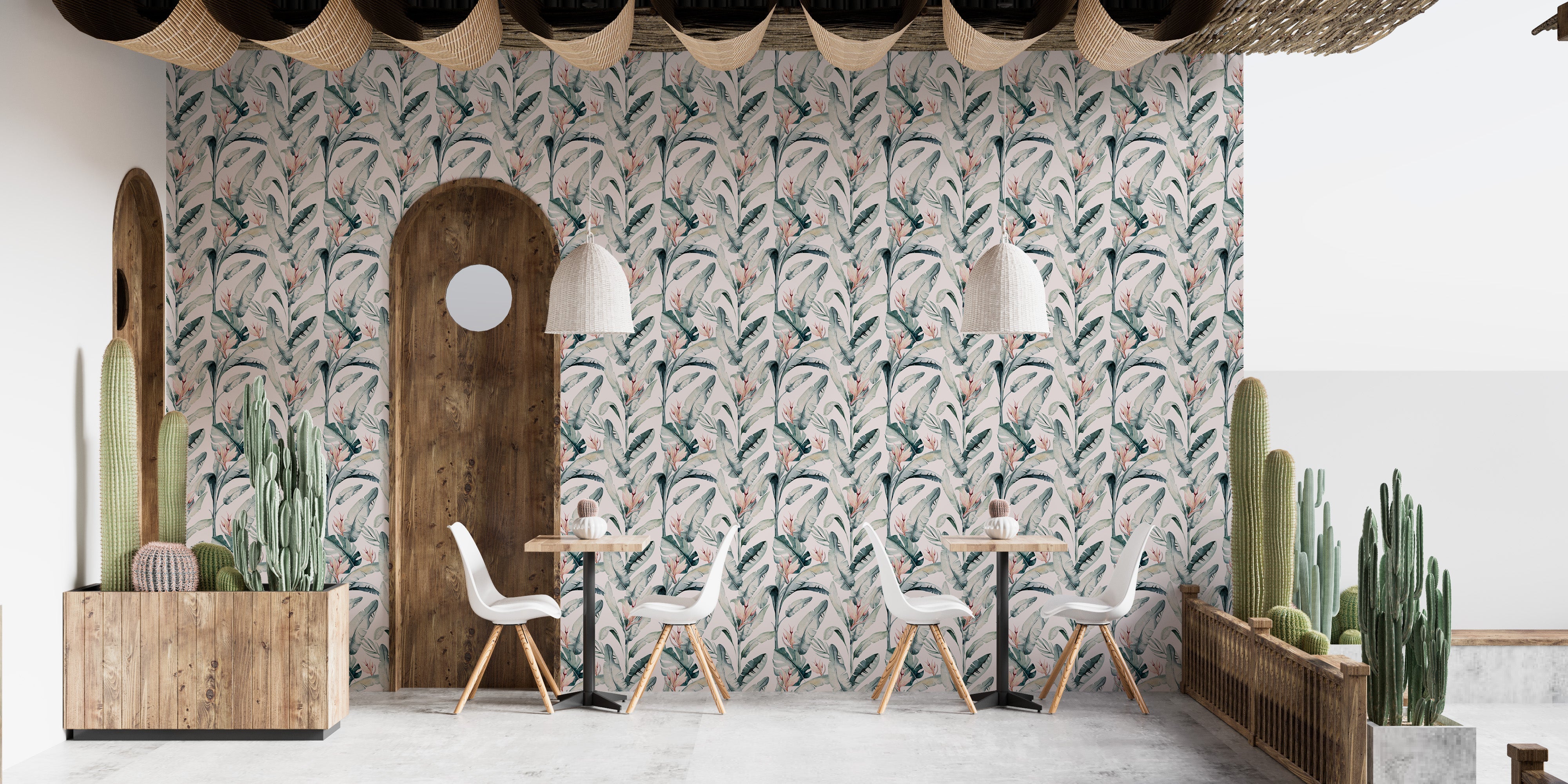 Clean white palm leaf wallpaper look
