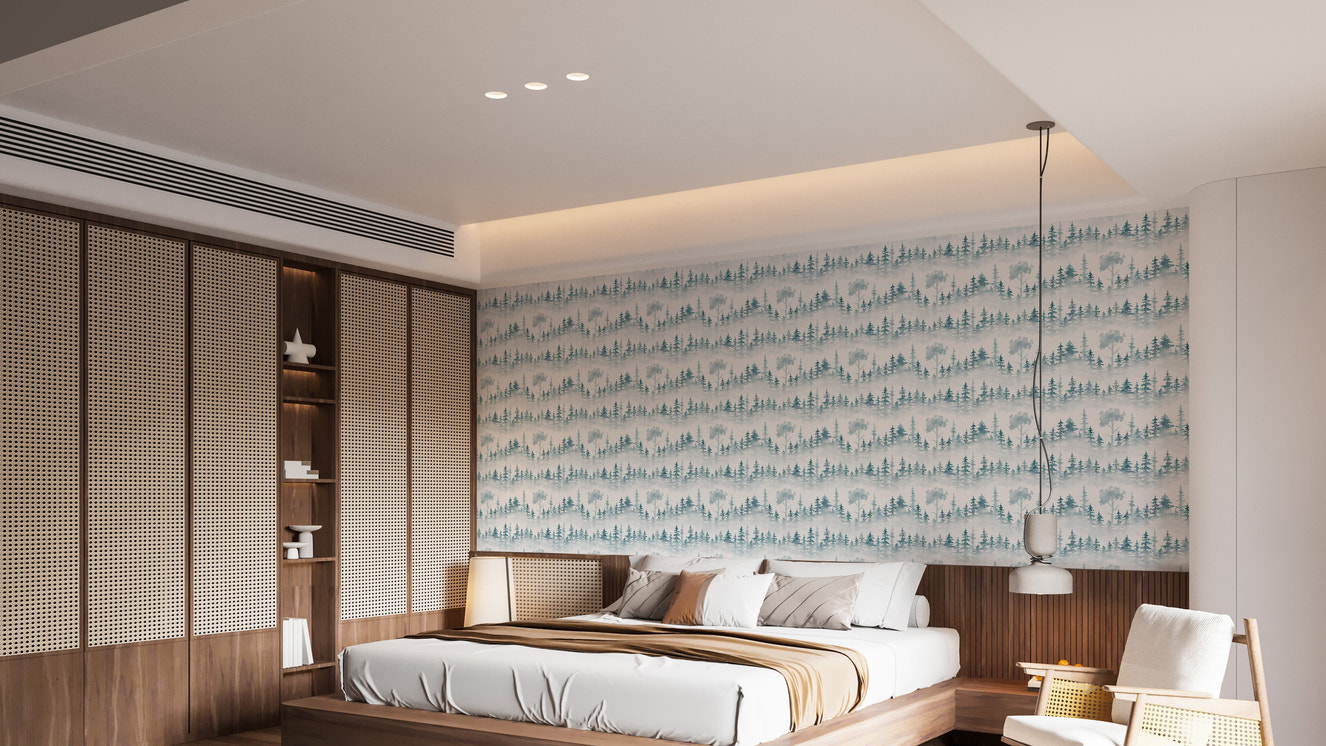 Serene forest wallpaper with fog design
