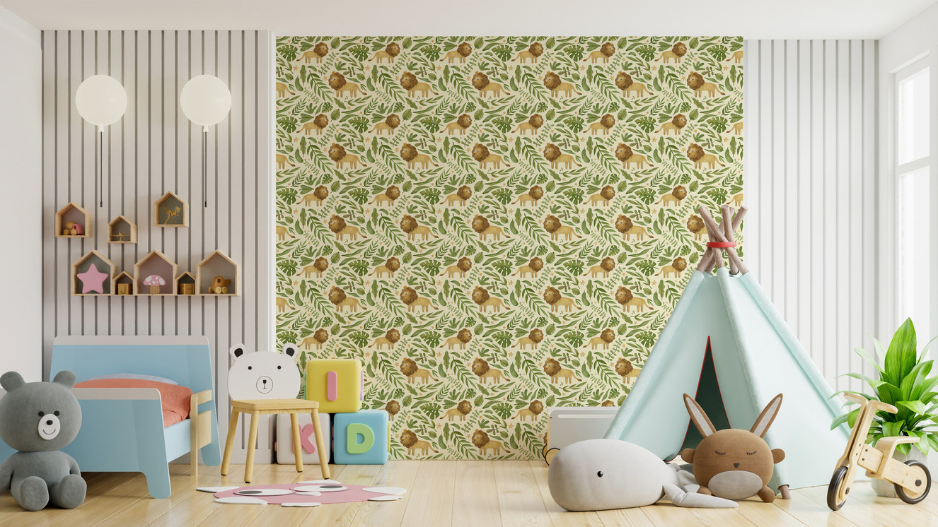 Artistic lion wallpaper with leafy accents
