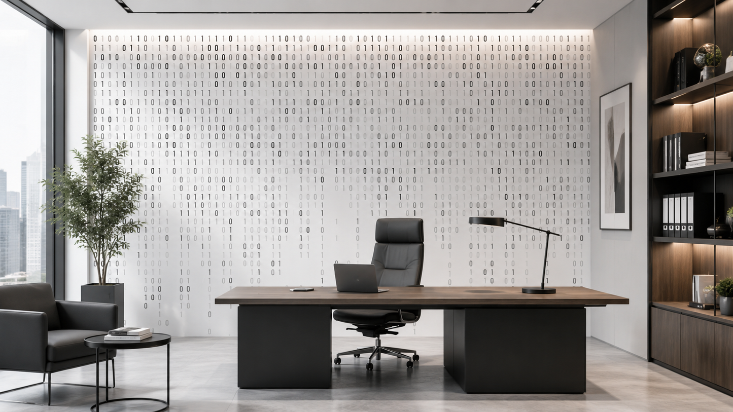 Digital binary code wall mural with cascading grey numbers in office B395