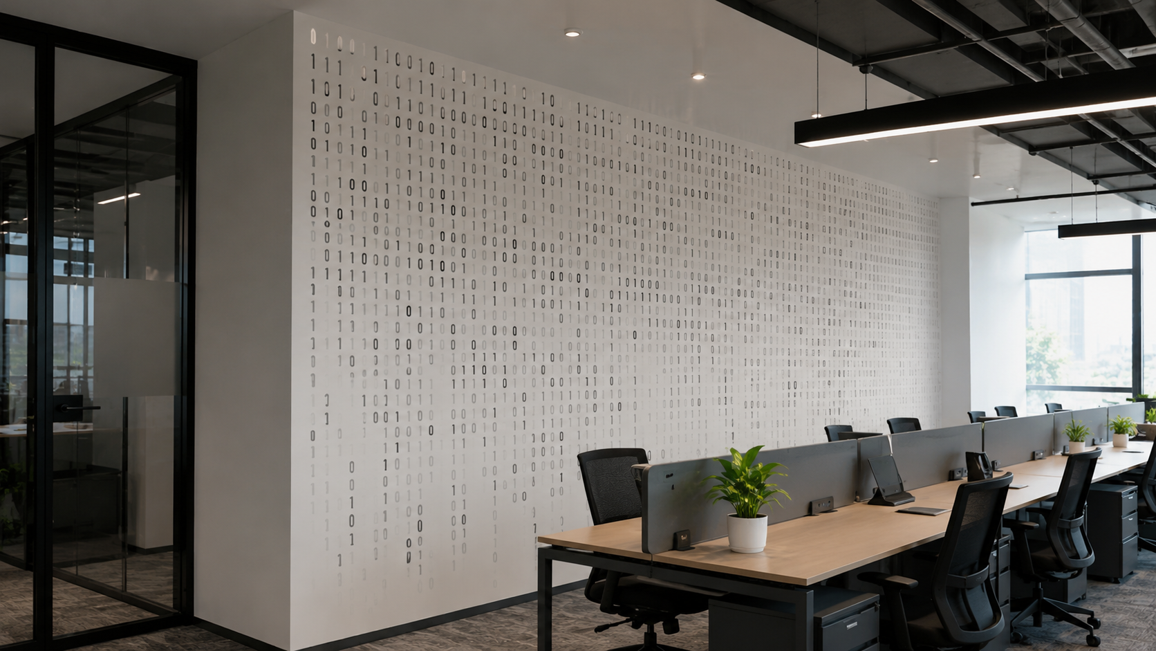 Office wall mural showing a cascading binary number design B395