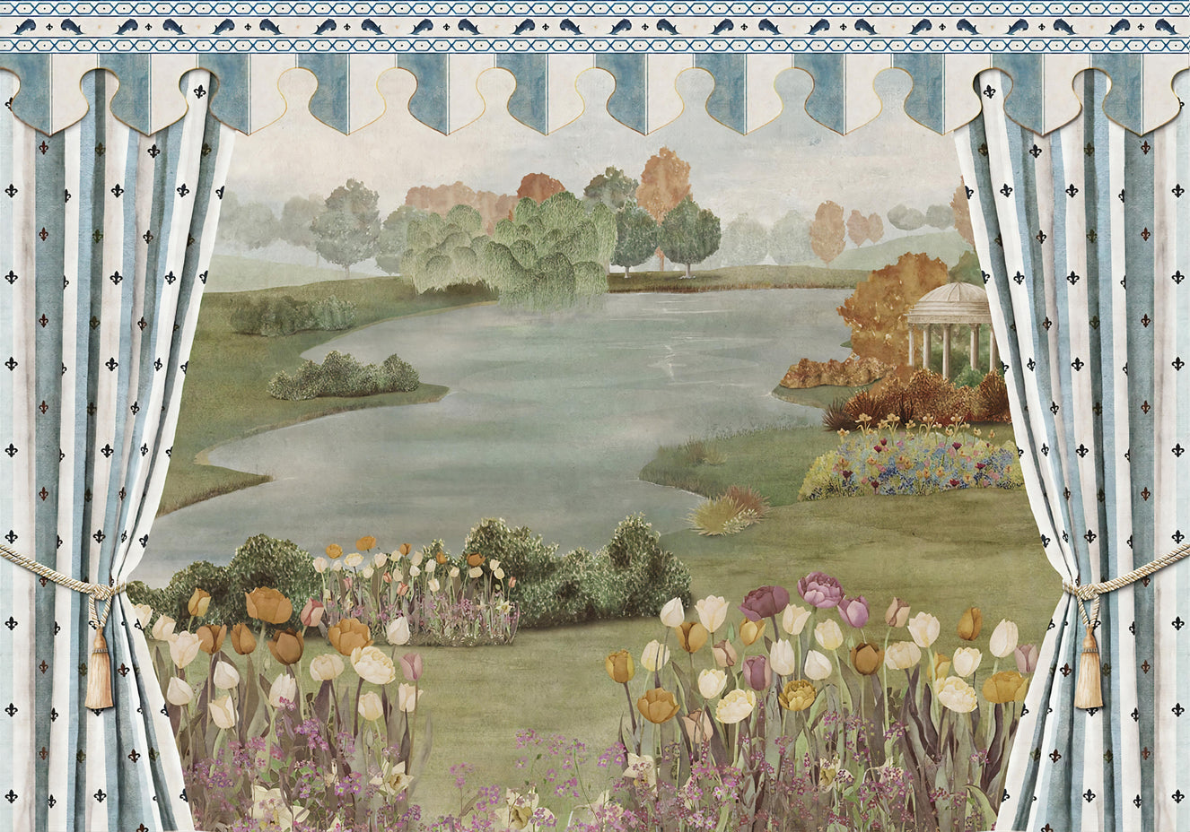 Vintage Garden Lake View Wallpaper
