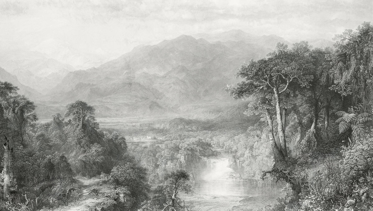 Vintage Mountain Landscape Wallpaper in your room — zoomed