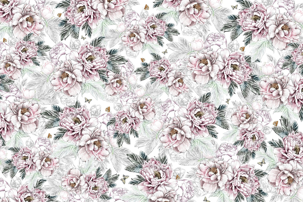 Romantic Vintage Peony Floral Wallpaper in your room — zoomed