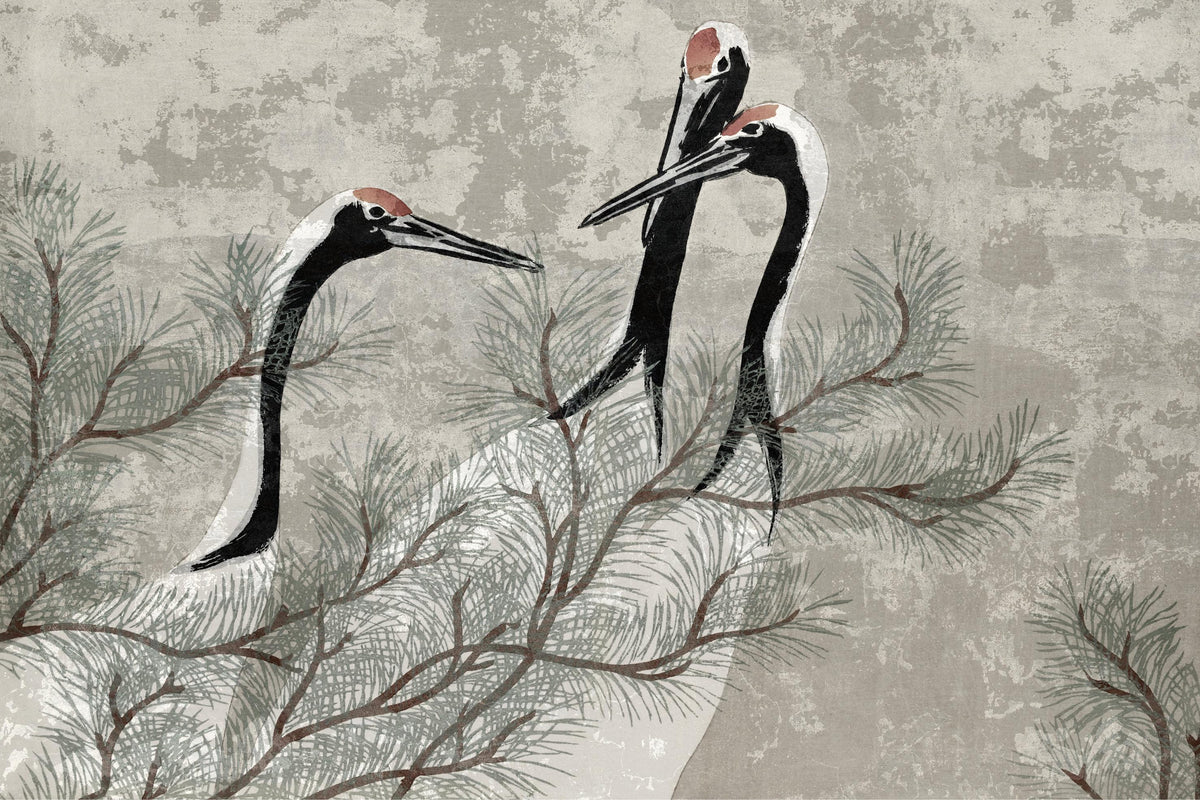 Tranquil Cranes and Pine Wallpaper in your room — zoomed