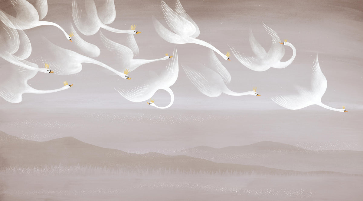 Swans Over Serene Hills Wallpaper