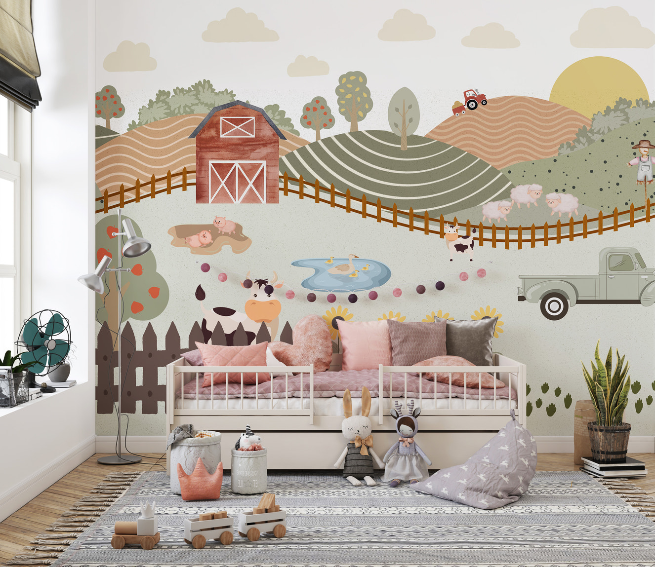 Pastel farm adventure nursery wallpaper
