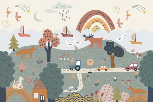 Whimsical Countryside Adventure Kids Wallpaper