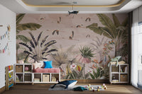 Soaring flamingos in jungle mural
