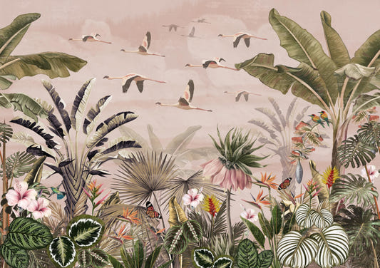 Flying Flamingos Jungle Wallpaper