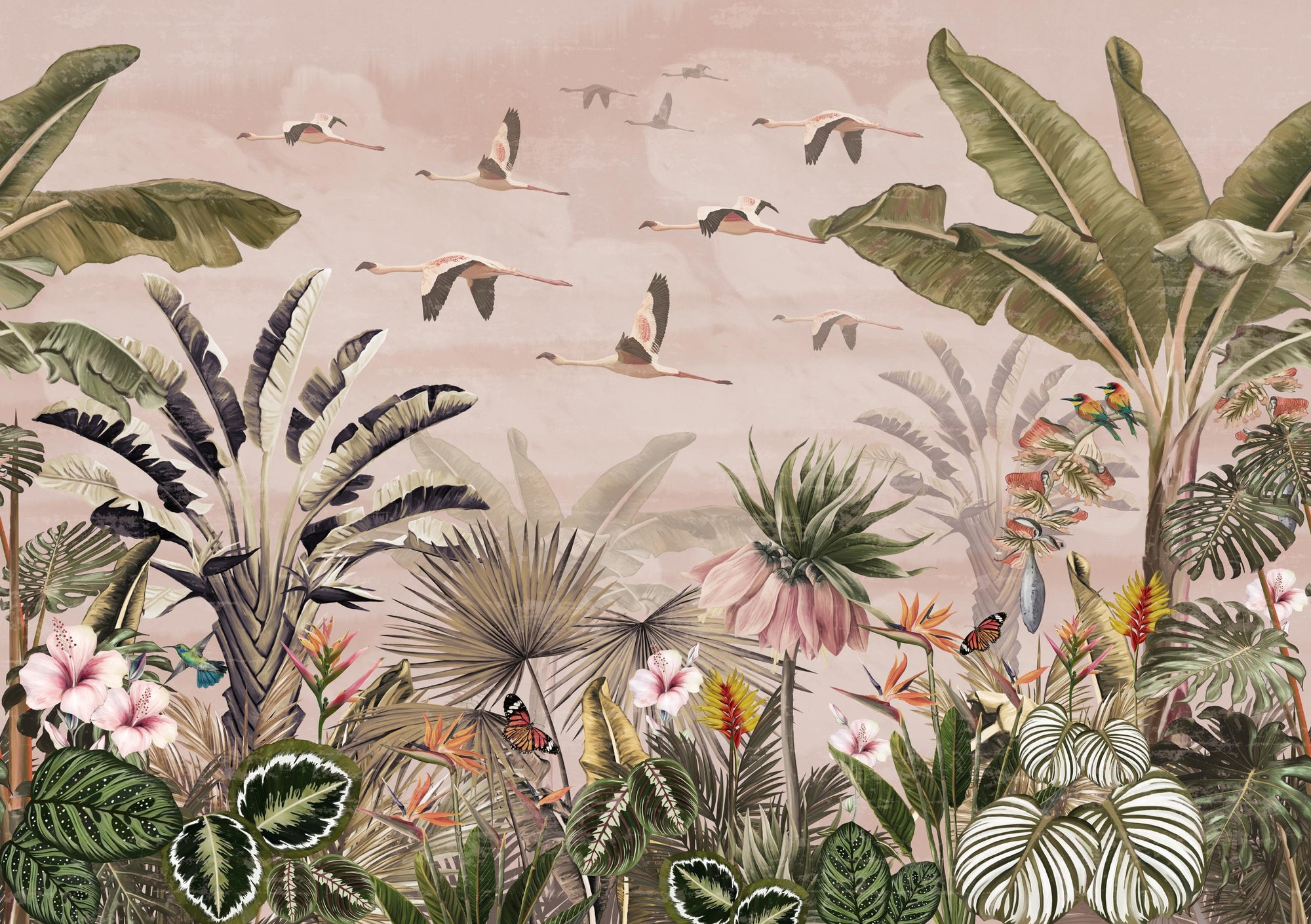 Flying Flamingos Jungle Wallpaper