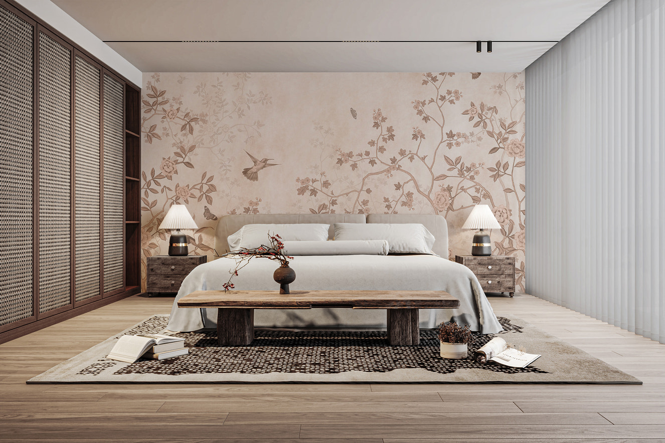 Vintage hummingbird floral wall design
