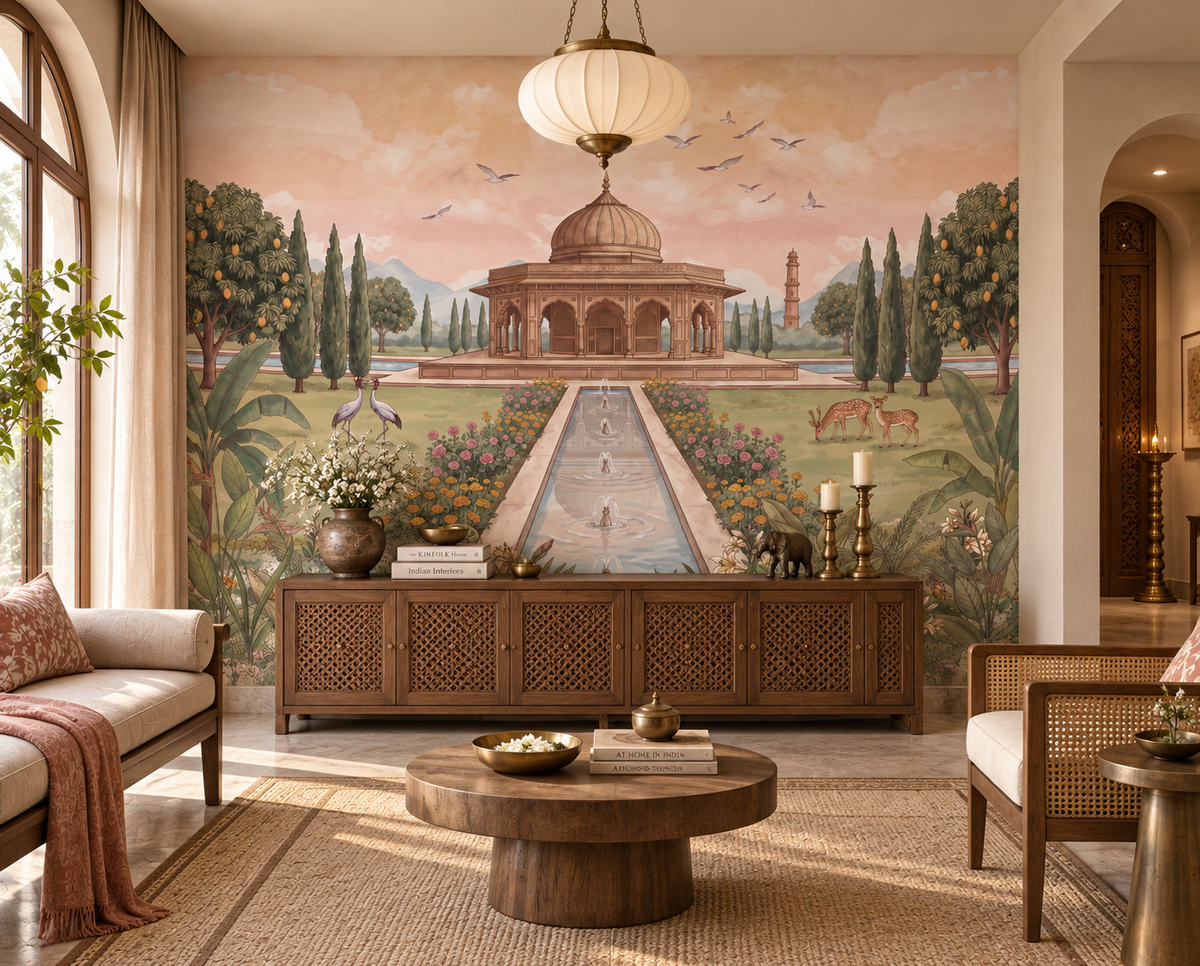 Baradari Bagh royal Mughal garden wall mural in a living room, GD13108