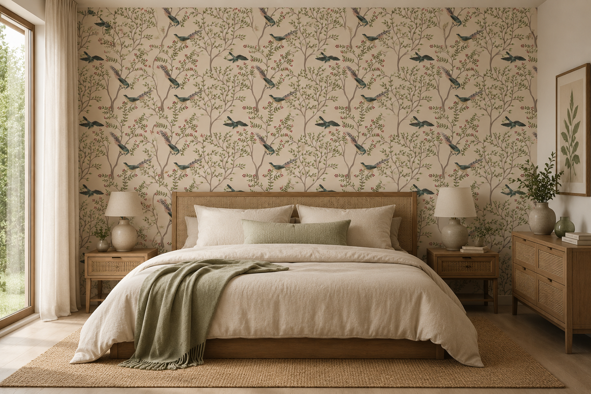 LIght Pink Leaves and Bird Wallpaper Murals A675