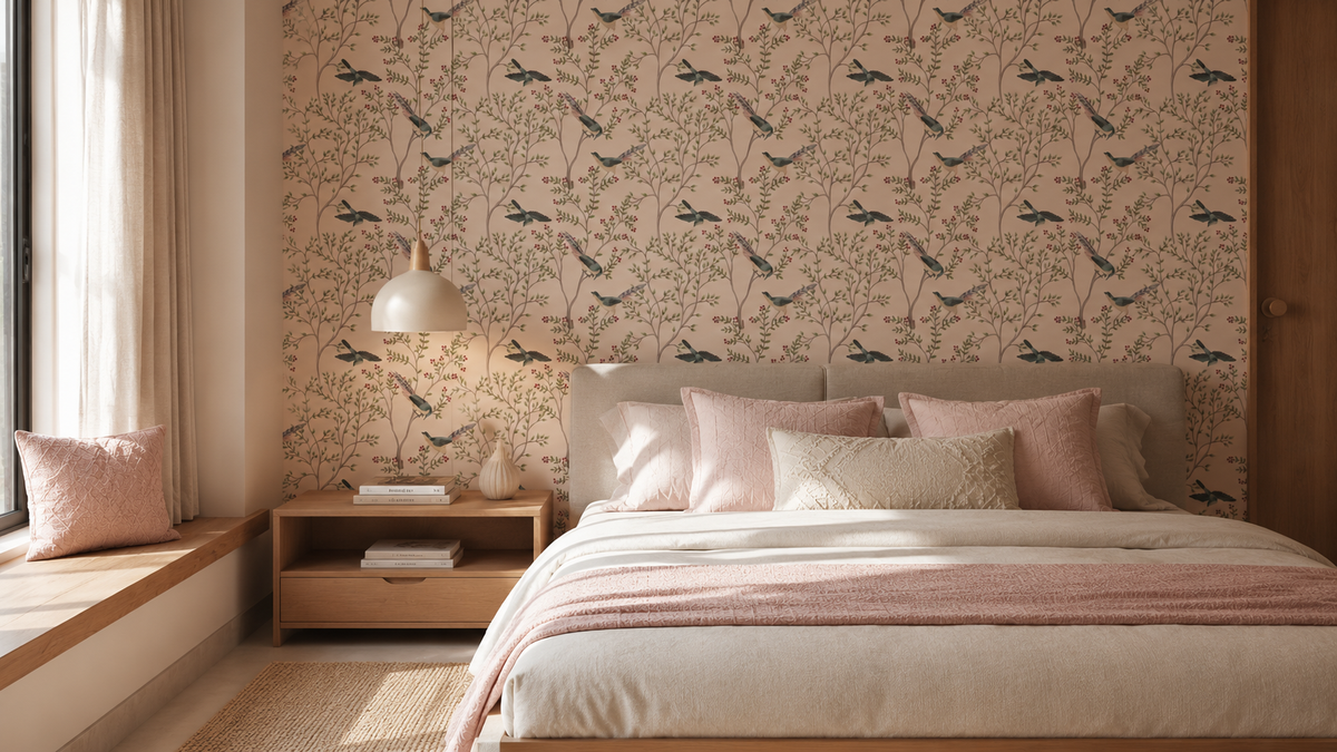 Light Pink Leaves and Bird Wallpaper Murals A675