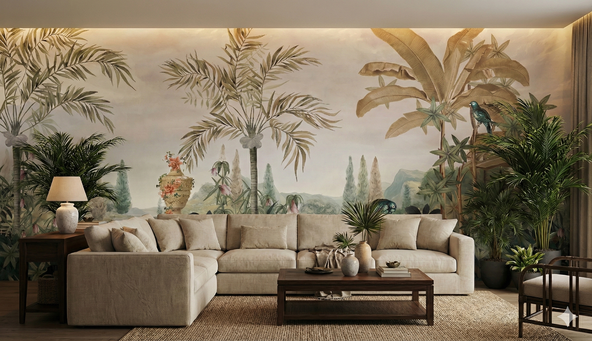 Scenic jungle wallpaper with birds and stone garden ruins