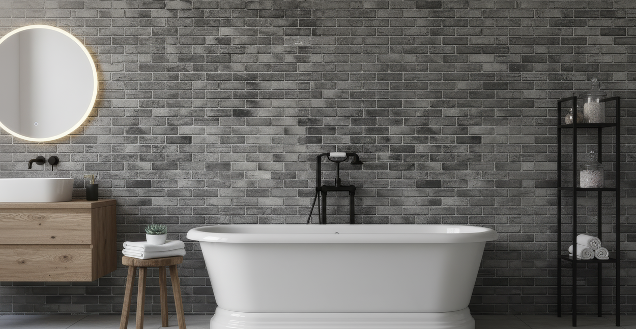 Modern bathroom with freestanding bathtub against a brick wallpaper for walls