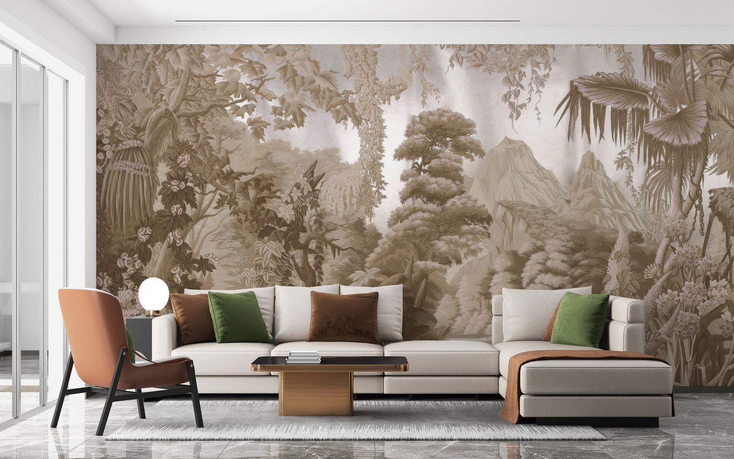 Vintage forest mural with sepia tones
