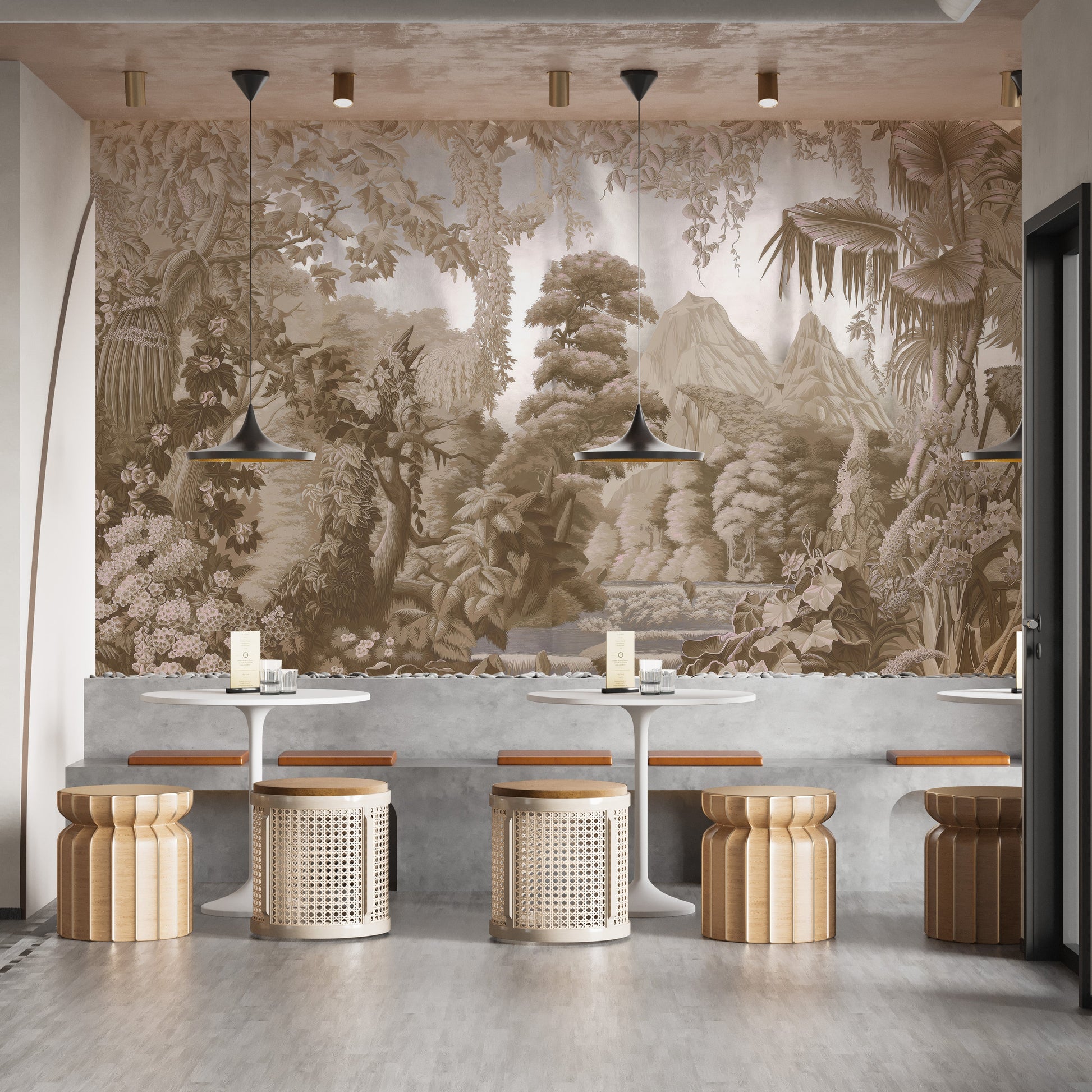 Exotic forest mural in sepia hues
