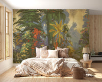 Vibrant jungle mural wallpaper featuring exotic foliage.