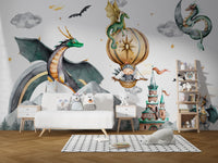 Dragon mural with misty mountain view
