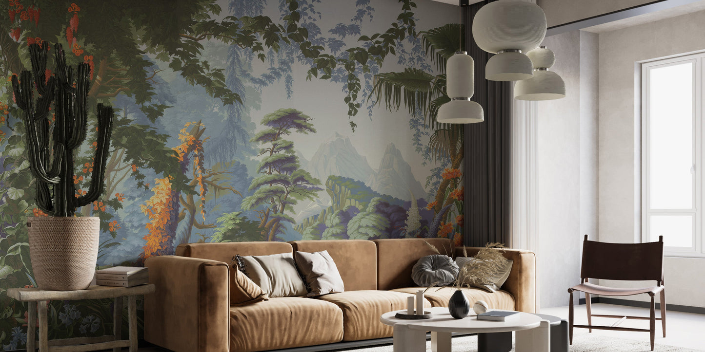 Tropical wallpaper mural with orange and purple accents