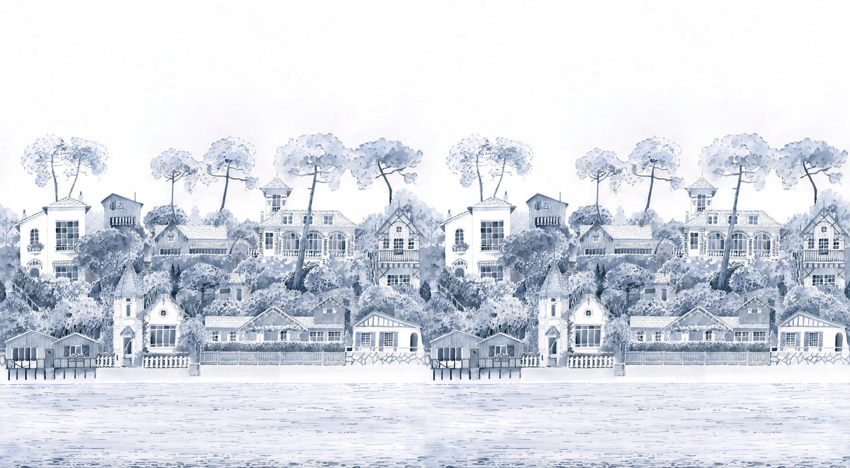 Watercolour Coastal Village Wall Mural in your room — zoomed