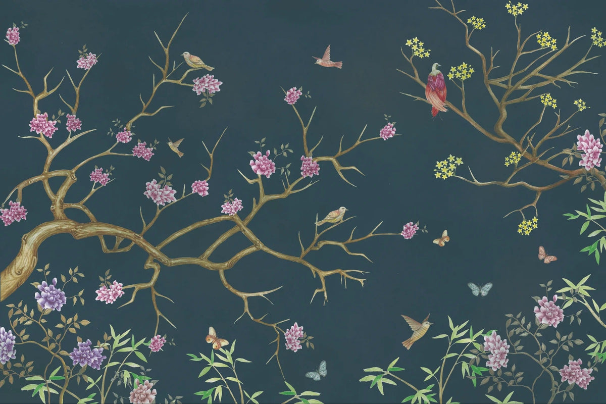 Flower Pattern Chinoiserie Wallpaper in your room — zoomed