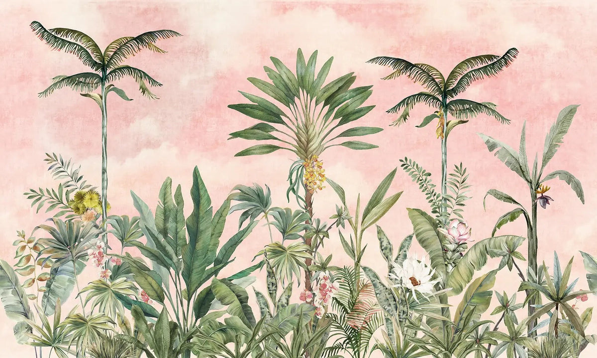 Watercolour Pink Tropical Chinoiserie Wall Mural in your room — zoomed