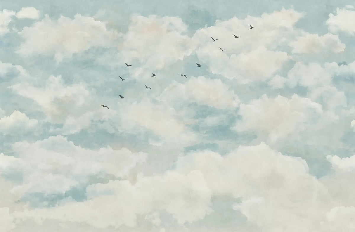 Clouds and Birds Wallpaper Mural in your room — zoomed