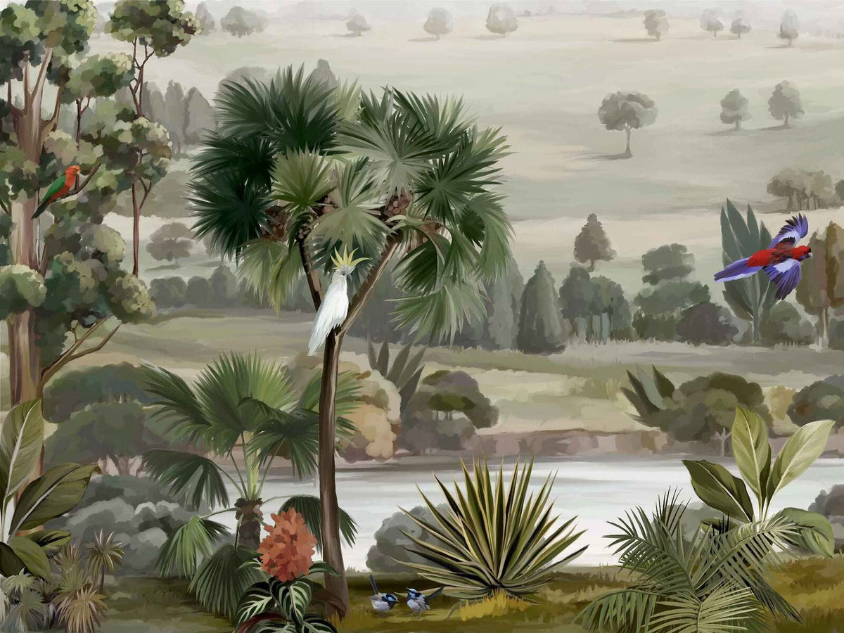 Tropical Birds Rainforest Wallpaper in your room — zoomed