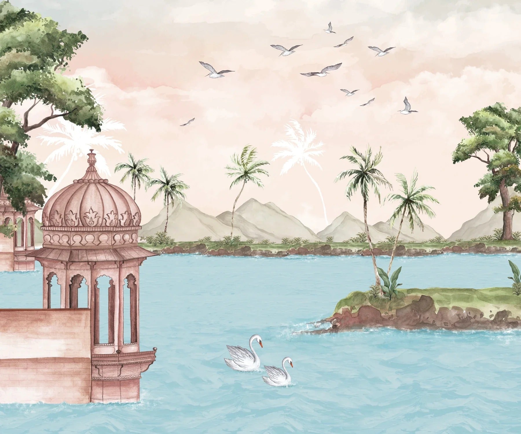 Watercolour Lakeside View Wall Mural