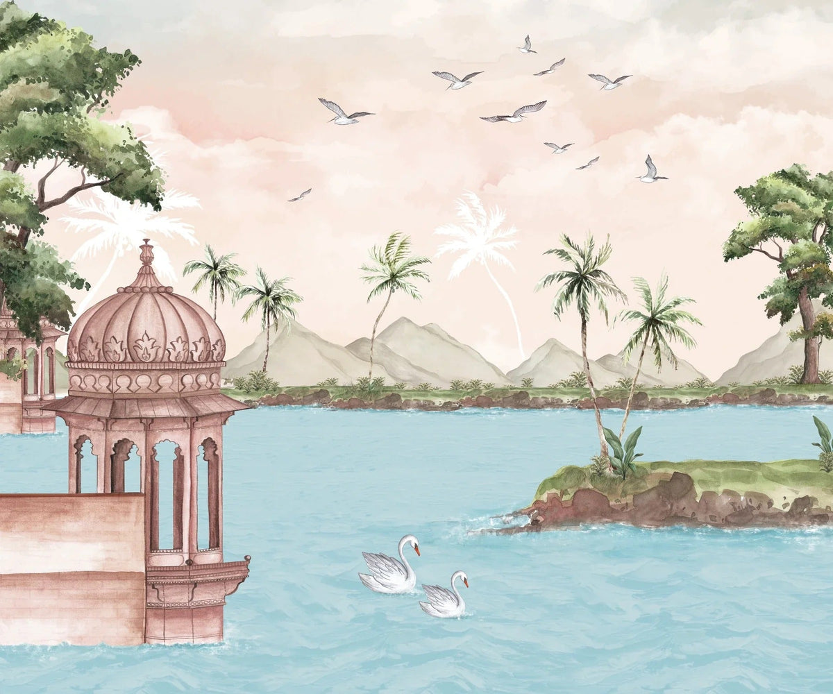 Watercolour Lakeside View Wall Mural in your room — zoomed
