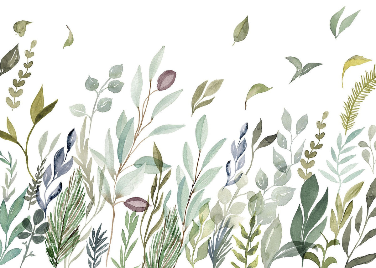 Watercolor Green Leaves Wallpaper in your room — zoomed