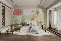 Watercolour farm mural with playful rural charm