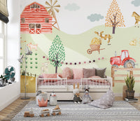 Playful lamb near tree in rolling green hills