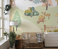 Playful pig beside scarecrow in farm field

