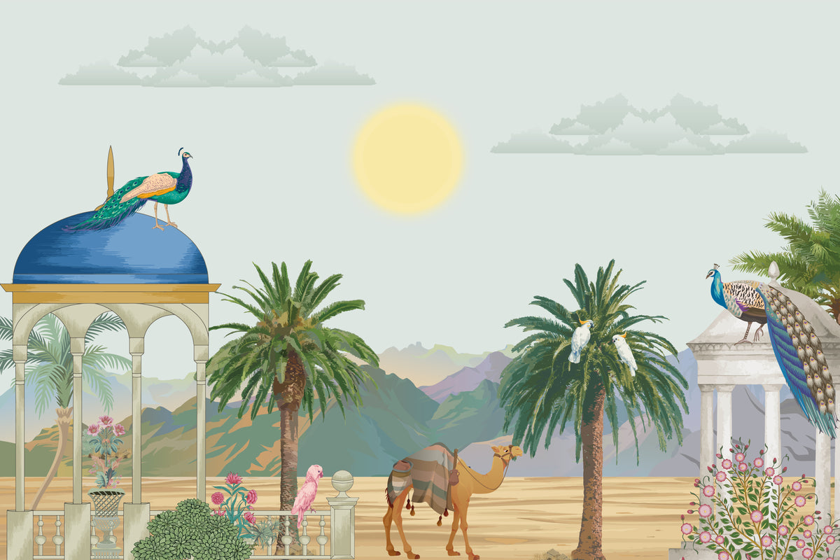 Peacocks and Palms Desert Wallpaper Mural in your room — zoomed