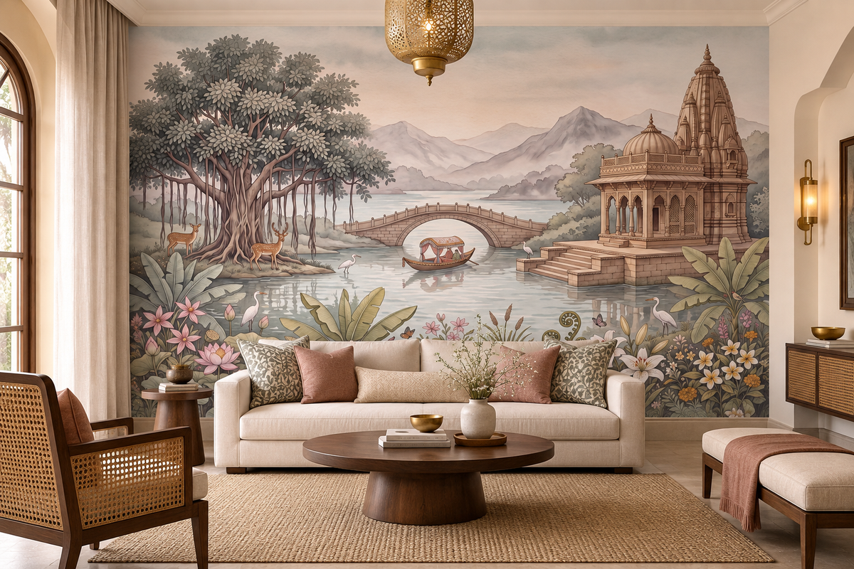 Celestial Palace Garden landscape mural with a temple, stone bridge, boat and lotus lake, GD13098