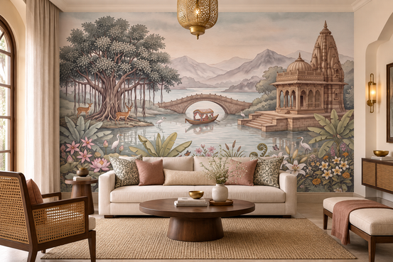Celestial Palace Garden landscape mural with a temple, stone bridge, boat and lotus lake, GD13098
