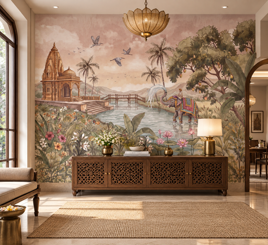 Gaja Ghat elephant and temple wall mural in a living room, GD13106
