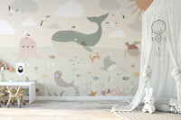 Playful underwater scene kids' wallpaper
