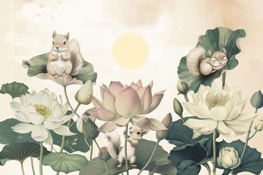 Playful Squirrels Lotus Floral Wallpaper