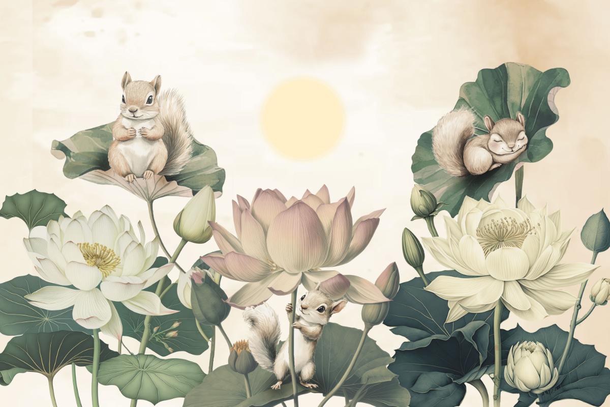 Playful Squirrels Lotus Floral Wallpaper
