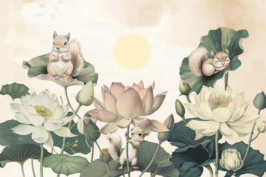 Playful Squirrels Lotus Floral Wallpaper