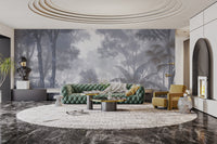 Peaceful blue tropical forest mural
